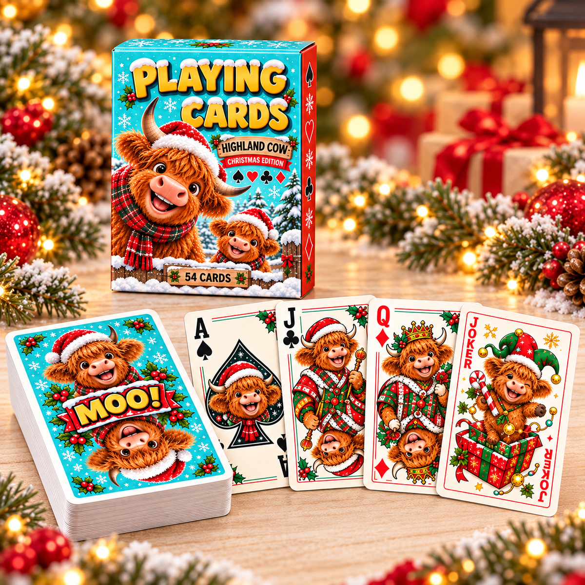 🎄 Christmas Highland Cow Playing Cards 🐮 54-Card Deck with 2 Jokers & Matching Box 🎁