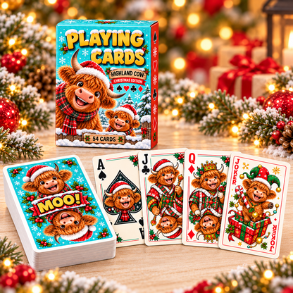 🎄 Christmas Highland Cow Playing Cards 🐮 54-Card Deck with 2 Jokers & Matching Box 🎁