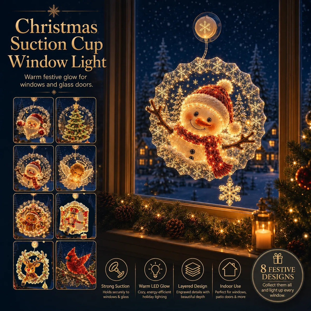 🔥HOT SALE 70% OFF✨🎄Lighted Christmas Window Decoration with Suction Cup | Warm LED Window Light with Double-Layer Design & Multiple Festive Styles Flat Version✨