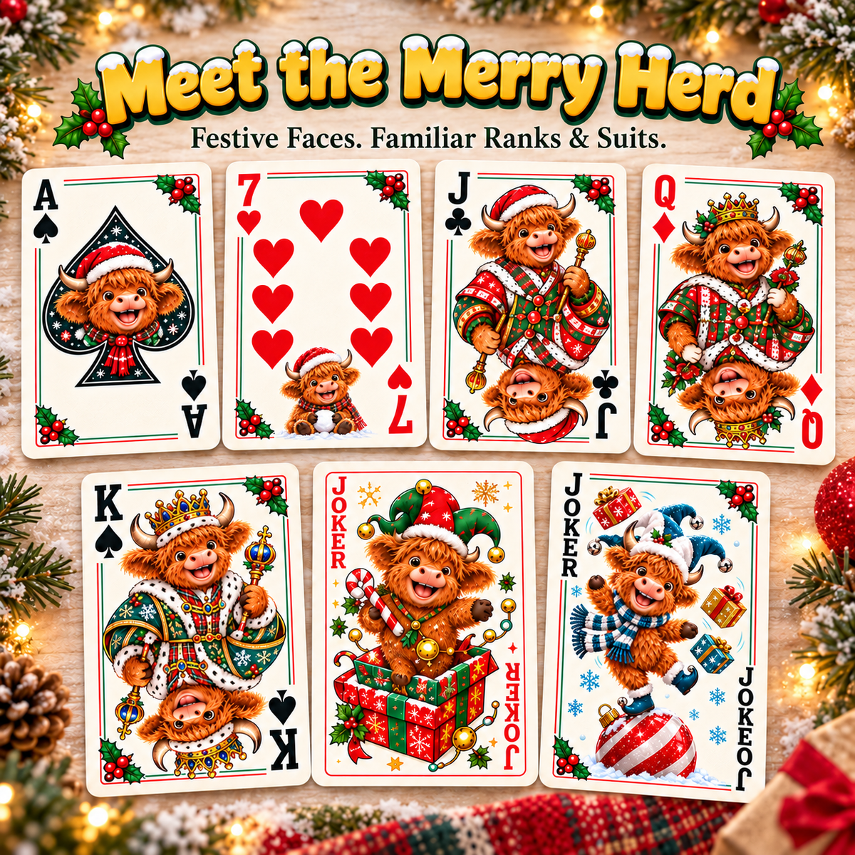 🎄 Christmas Highland Cow Playing Cards 🐮 54-Card Deck with 2 Jokers & Matching Box 🎁