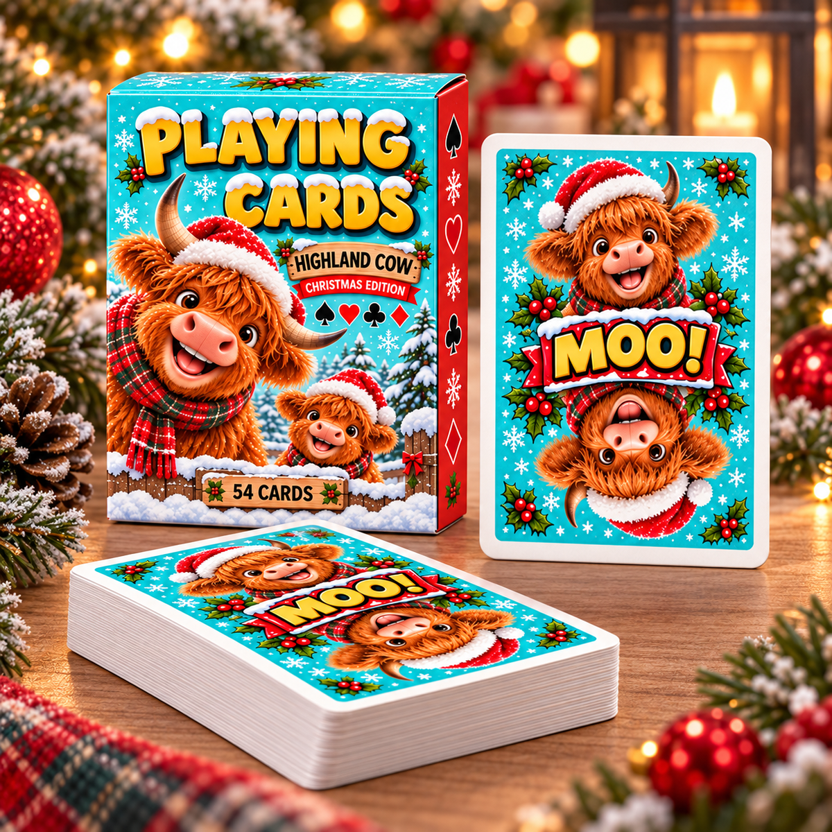 🎄 Christmas Highland Cow Playing Cards 🐮 54-Card Deck with 2 Jokers & Matching Box 🎁
