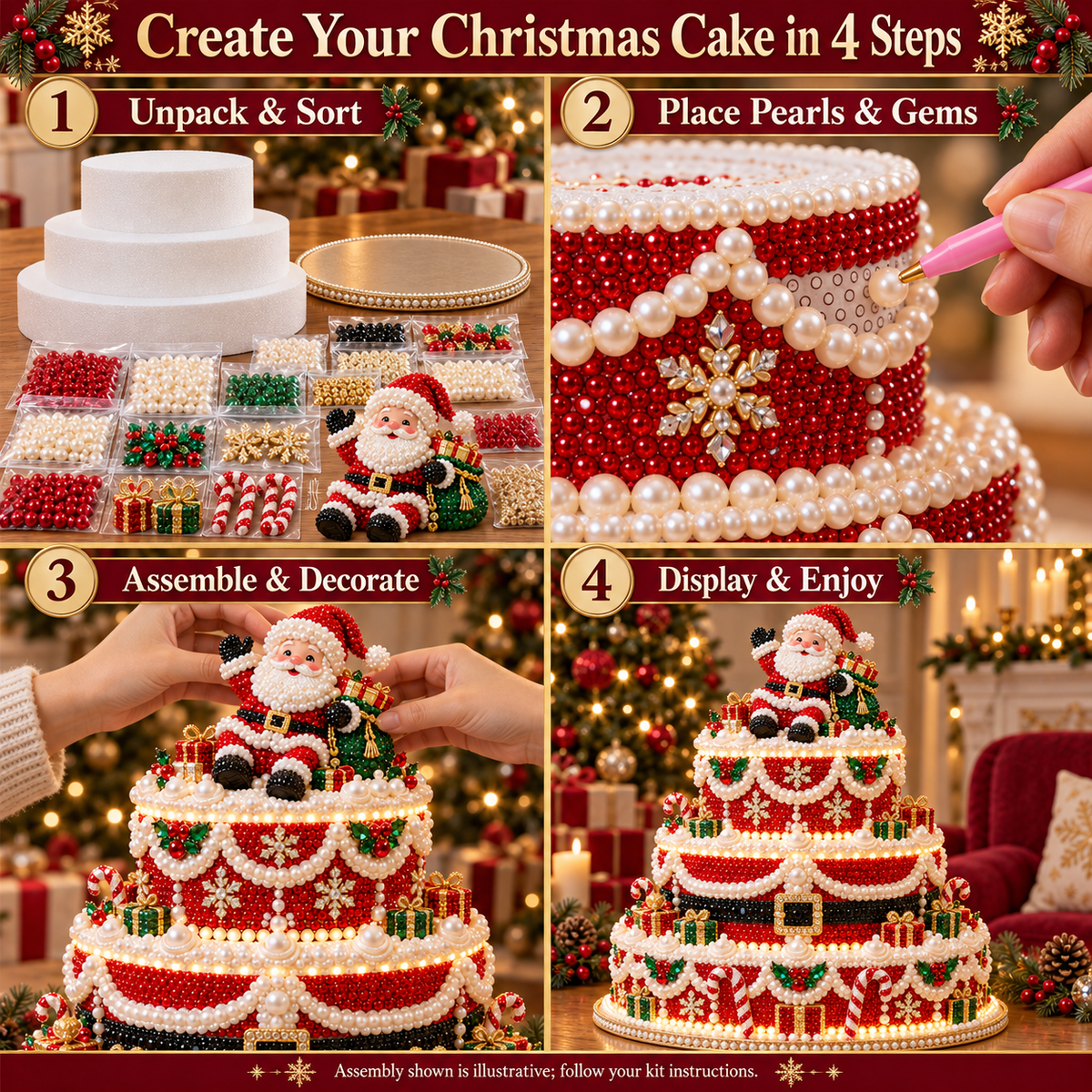 🎄 DIY Christmas Pearl & Diamond Art Cake Kit — Create Your Own Sparkling 3-Tier Holiday Centerpiece ✨