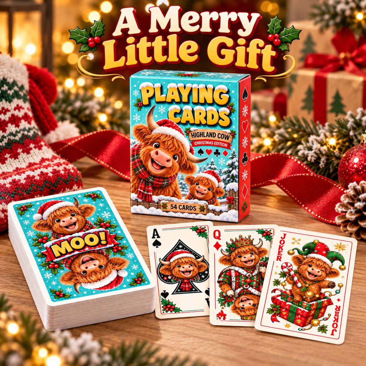 🎄 Christmas Highland Cow Playing Cards 🐮 54-Card Deck with 2 Jokers & Matching Box 🎁