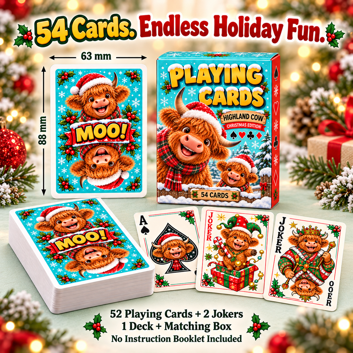 🎄 Christmas Highland Cow Playing Cards 🐮 54-Card Deck with 2 Jokers & Matching Box 🎁