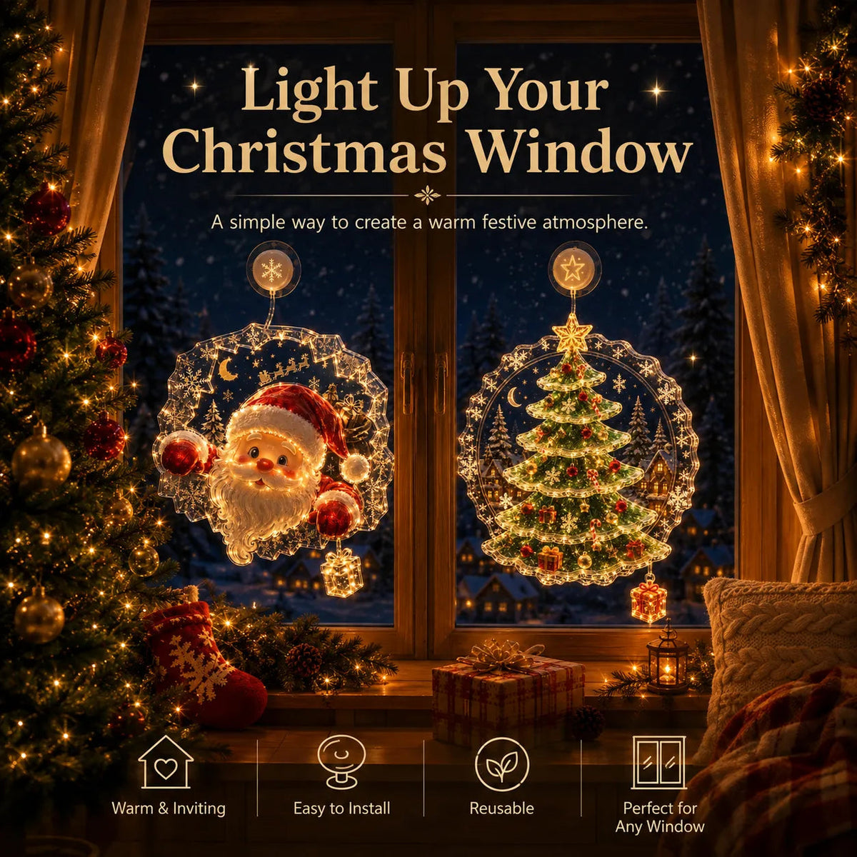 🔥HOT SALE 70% OFF✨🎄Lighted Christmas Window Decoration with Suction Cup | Warm LED Window Light with Double-Layer Design & Multiple Festive Styles Flat Version✨