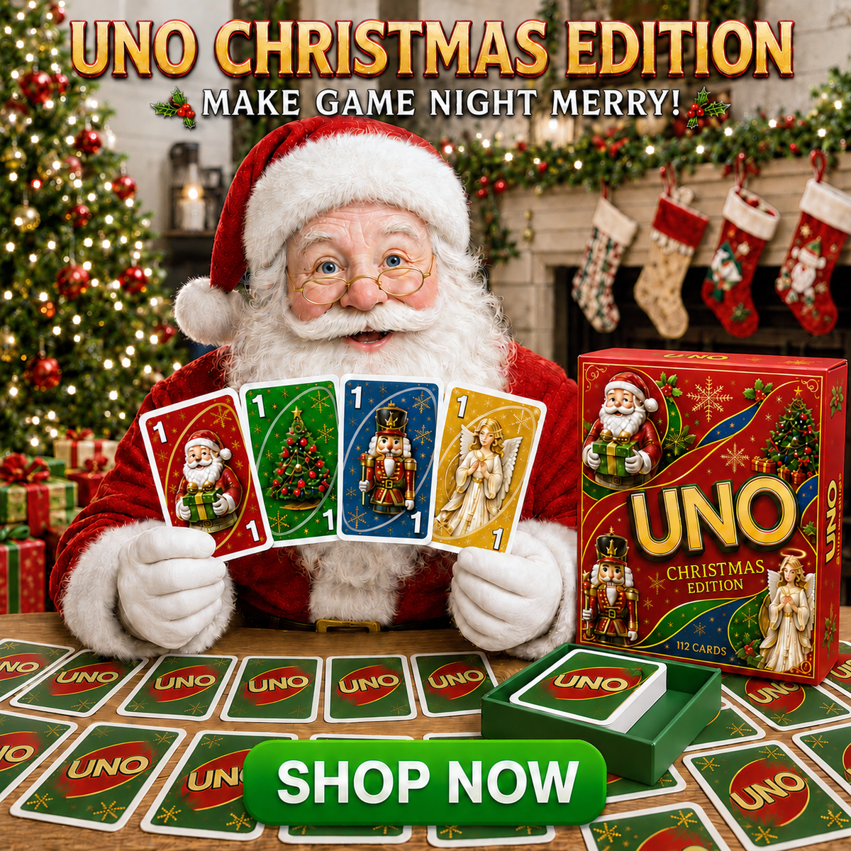 🔥Last Day 50% OFF🎉-🃏UNO Christmas Edition🎄 Holiday Family Card Game with 112 Festive Cards