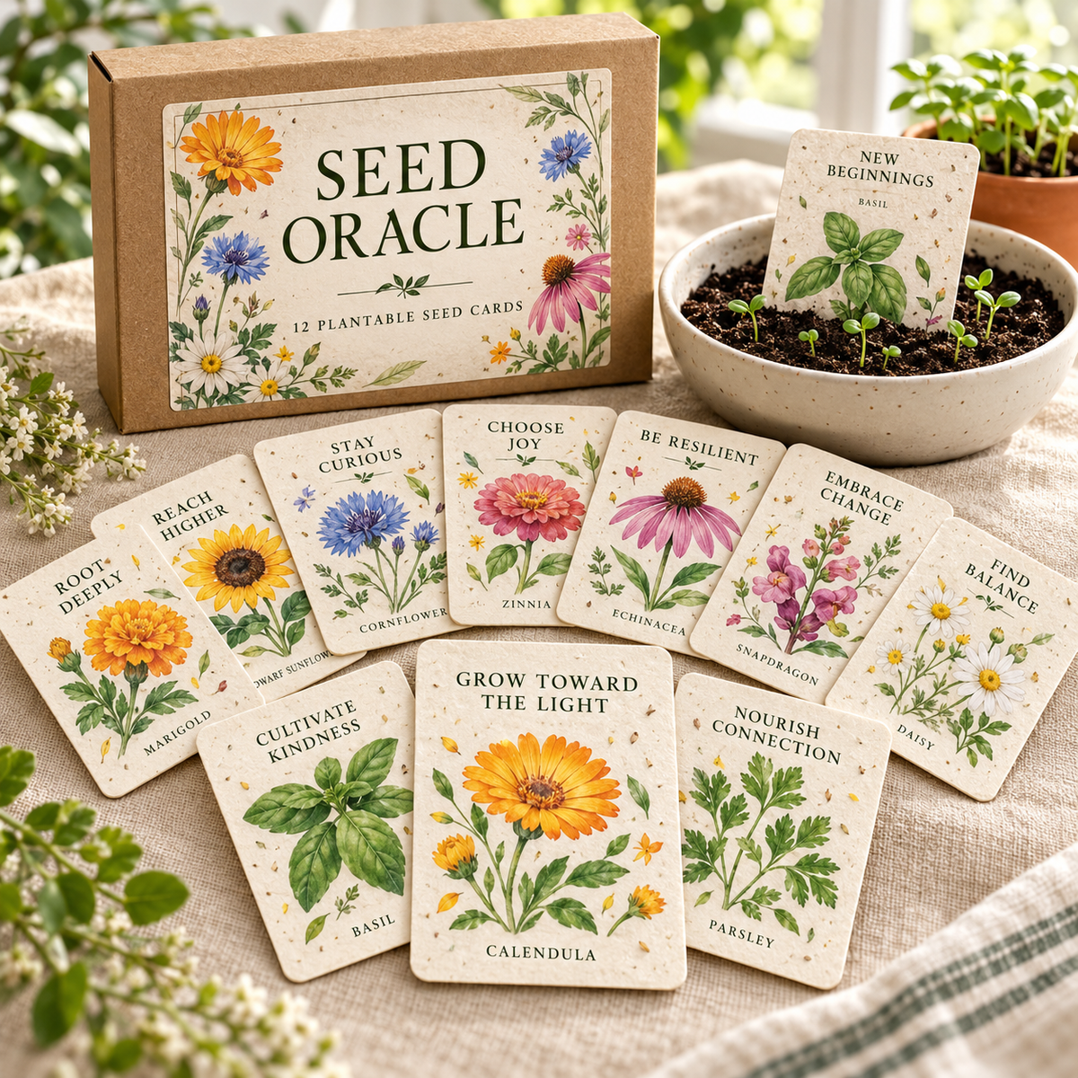 Seed Oracle Plantable Cards — 12 Botanical Messages for Reflection & Growth